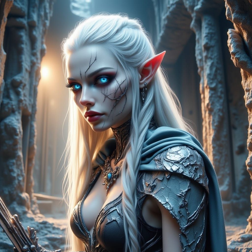 a massive female albino elf clutching a large knife will  searching  for a way out of the lost corridor, Epic cinematic brilliant stunning i...