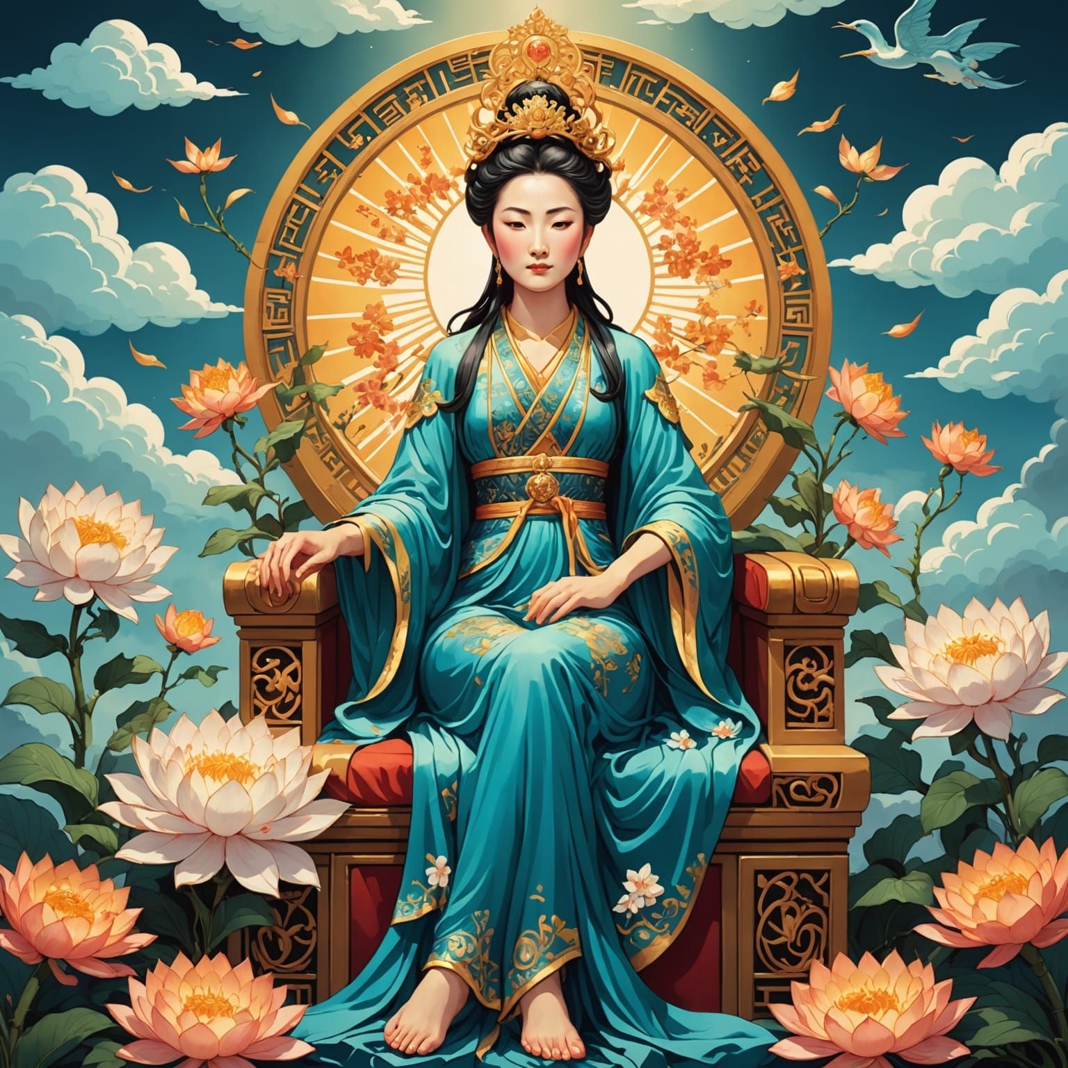 a woman sitting on a throne surrounded by flowers and clouds, fantasy art, art nouveau, by Lü Ji, guanyin of the southern seas, goddess of l...
