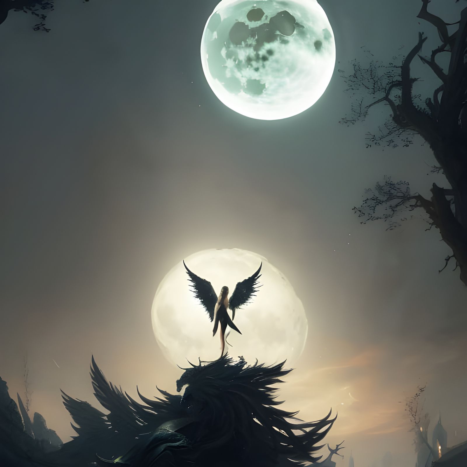 a beautiful fallen angel standing under a moon, a masterpiece, 8k ...