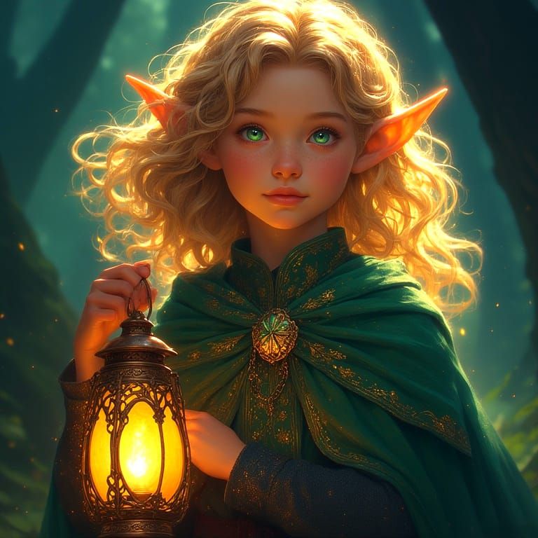 A magical and fantastical portrait of a small elf shining a ...