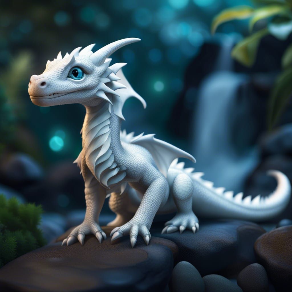 hyperdetailed photorealistic adorable baby white dragon, background tropical waterfall lagoon, mist, ... false