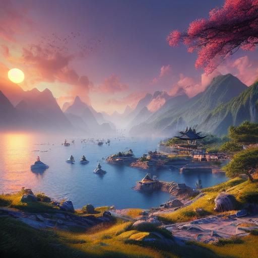 Amazing landscape, sunset over the sea, ray tracing, DSLR, 8k resolution <lora:Kira:1.0>