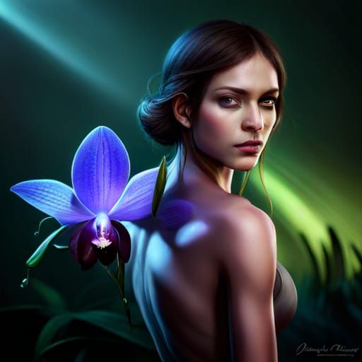 fairy on blue orchid with dew drops , monstrous, Epic cinematic
