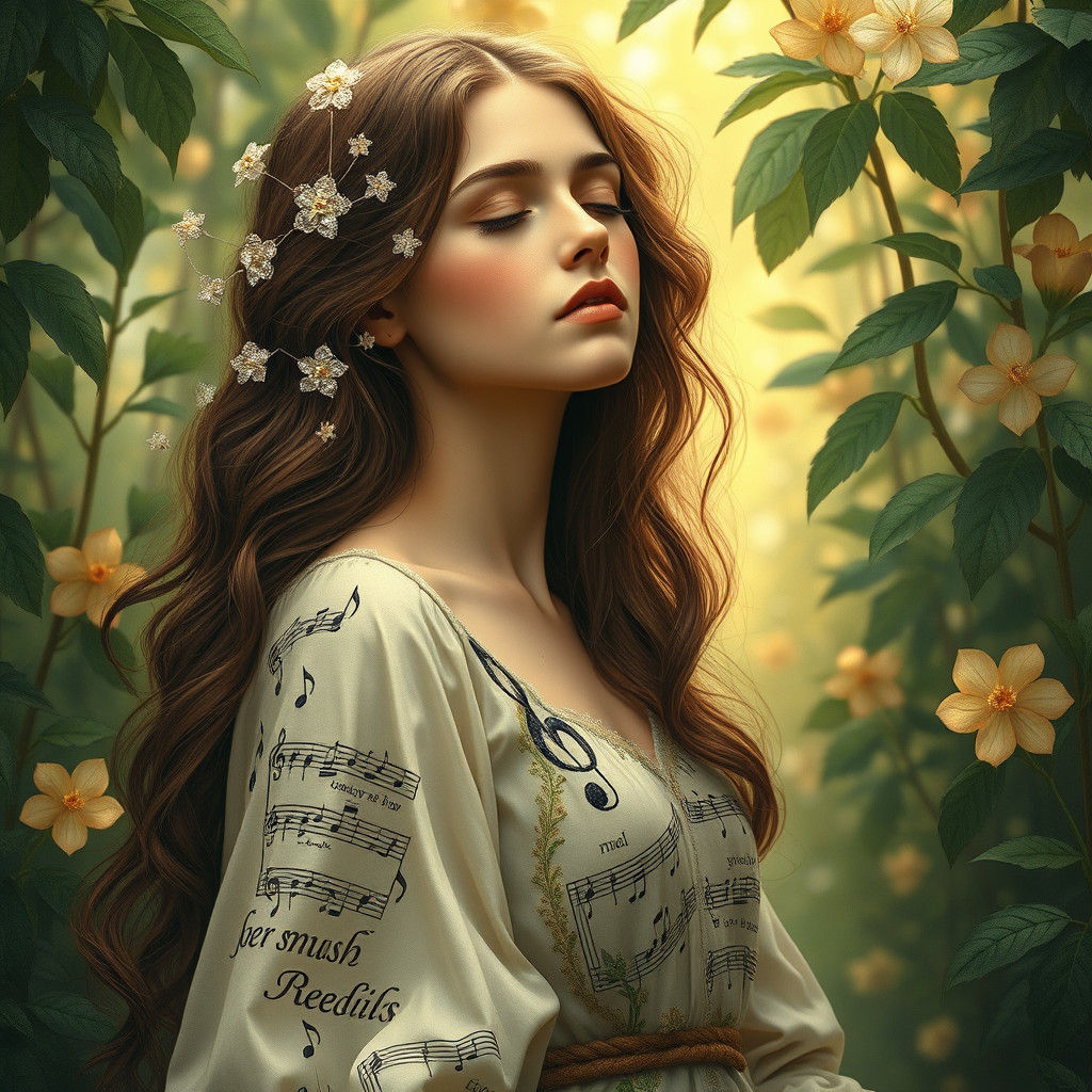Musical Woman in Pre-Raphaelite Art Nouveau Style