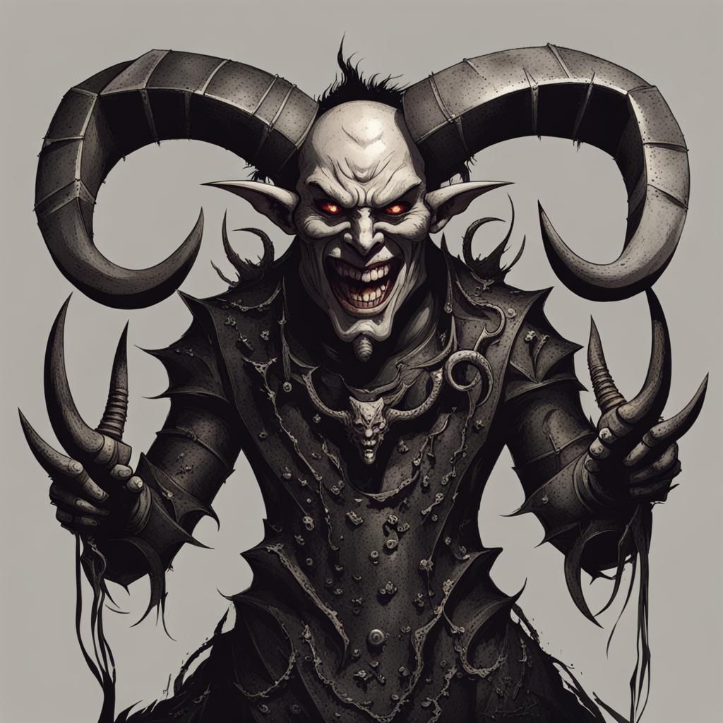 Demonic metal man with five horns. He has a rictus grin.