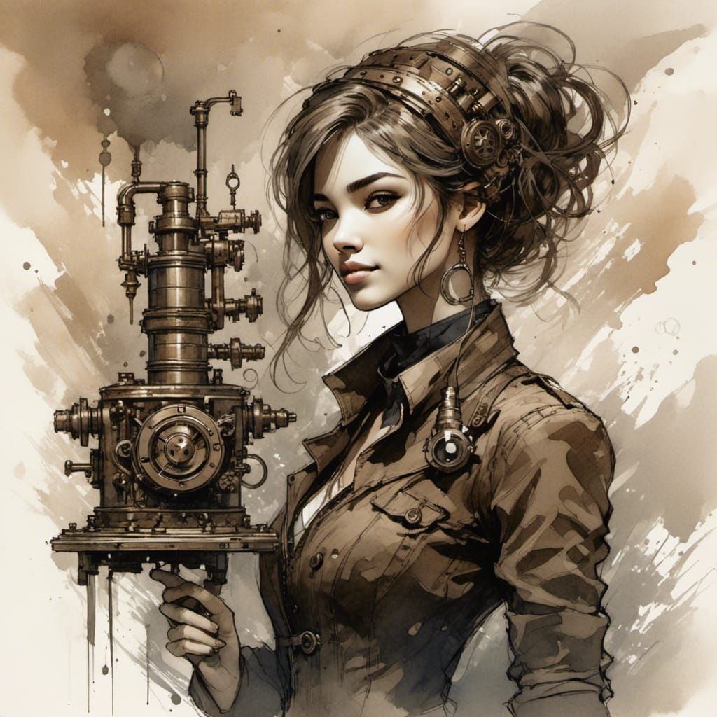 <lora:Ink Sketch:1.0>  A steampunk mechanic, ink paint sketch, deviantart, sketchlab, intricate details, dynamic