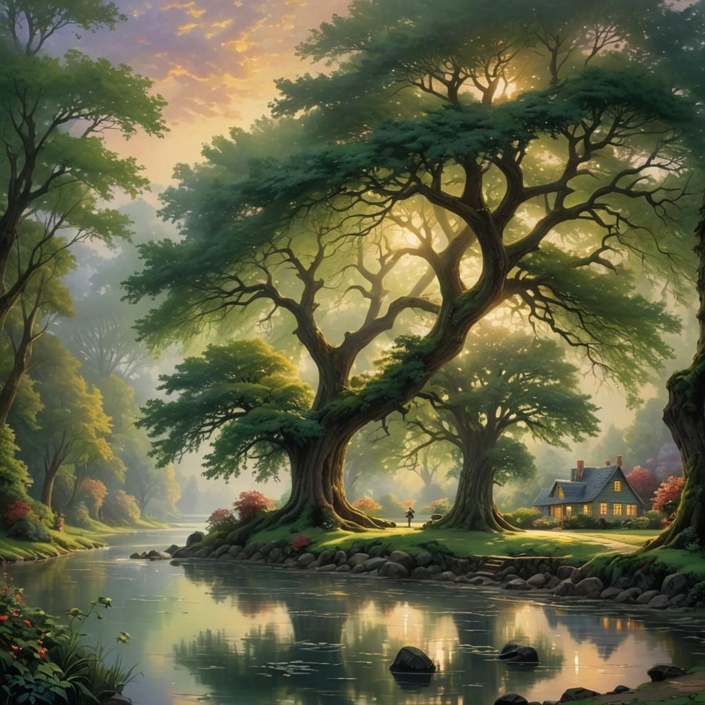 lovely view of sunrise from a shady huge green tree near a c...