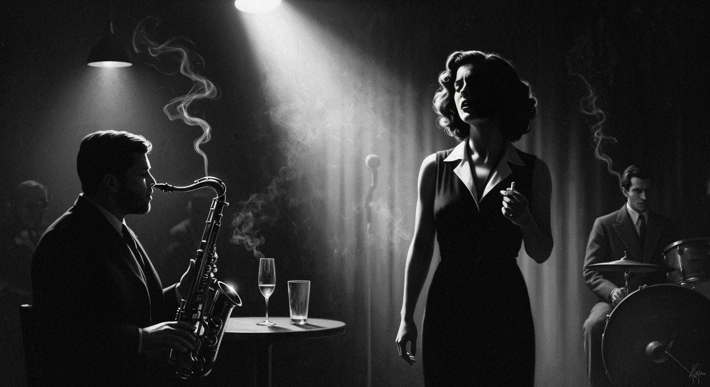 For the "Moody Film Style" challenge: A dimly lit jazz club in the 1940s, filled with cigarette smoke ...  by @dmaster1968