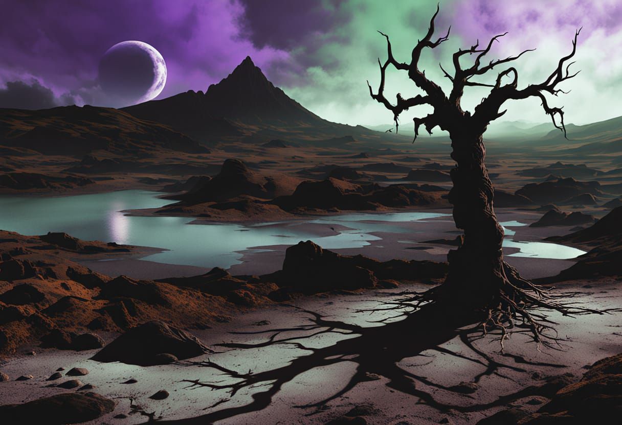 A lone, gnarled tree, its branches skeletal and twisted like arthritic fingers, stands silhouetted against a sky painted in hues of bruised ...