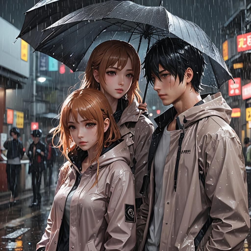 Romantic Manga Scene in Rain, 3D Anime Art