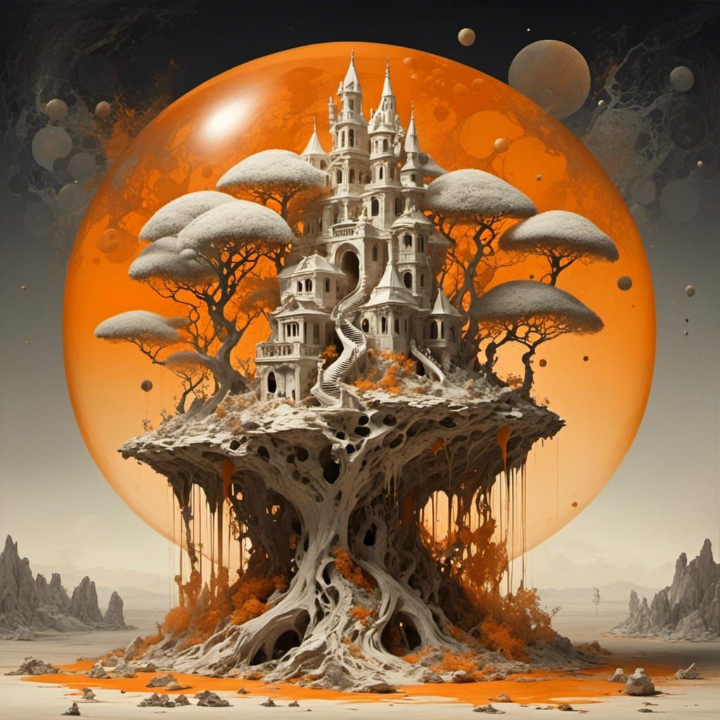 <lora:Ivory:1.0> Ivory tower on an orange island pop surreal