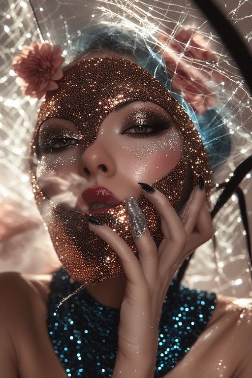 In velvet gloom of shadowed webs, glinting like frost-steel ...