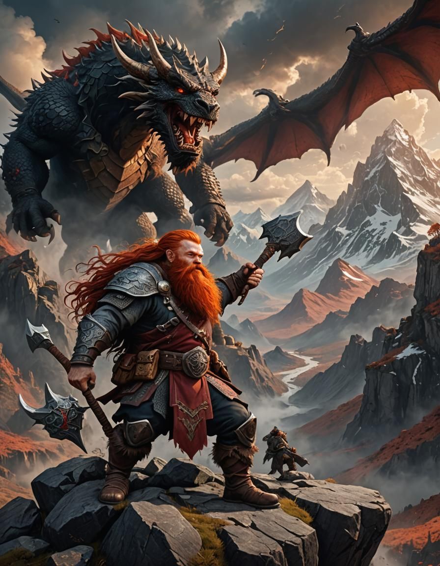 red haired dwarf on a mountain with a dragon