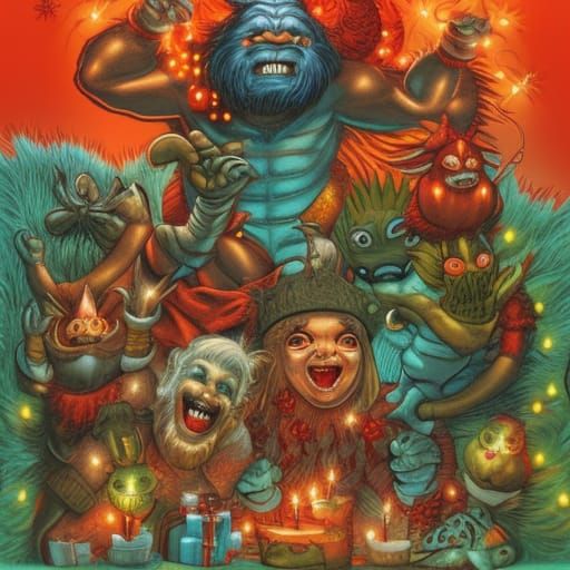 Happy Monsters Celebrating Christmas
