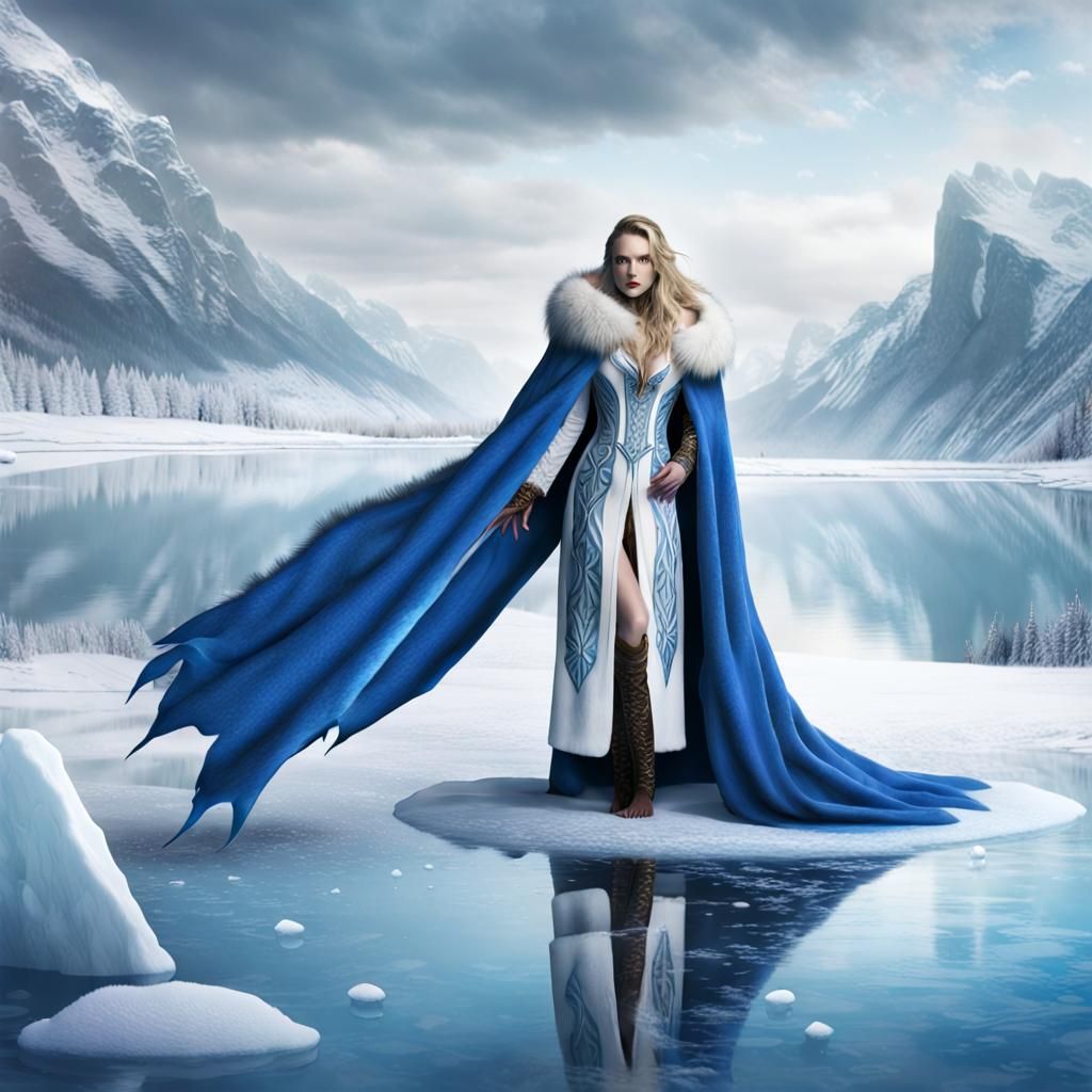 Ice giantess in a blue and white fur  cloak emerging over a ...