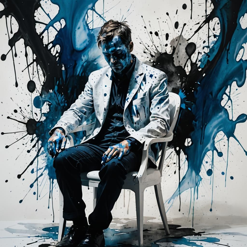 White chair. 
Abstract ink splashes form intense facial shadows. 