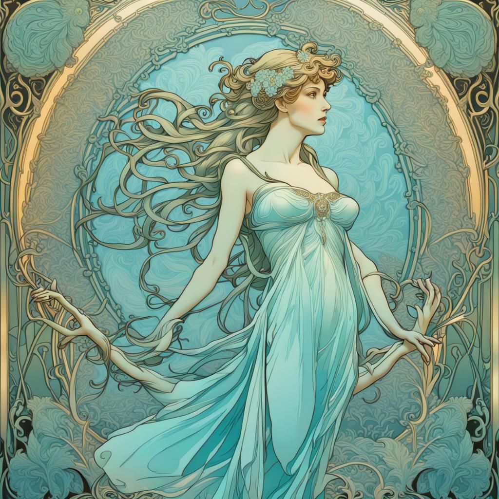 Art Nouveau filligree background,ice blue neon colours,in fr...