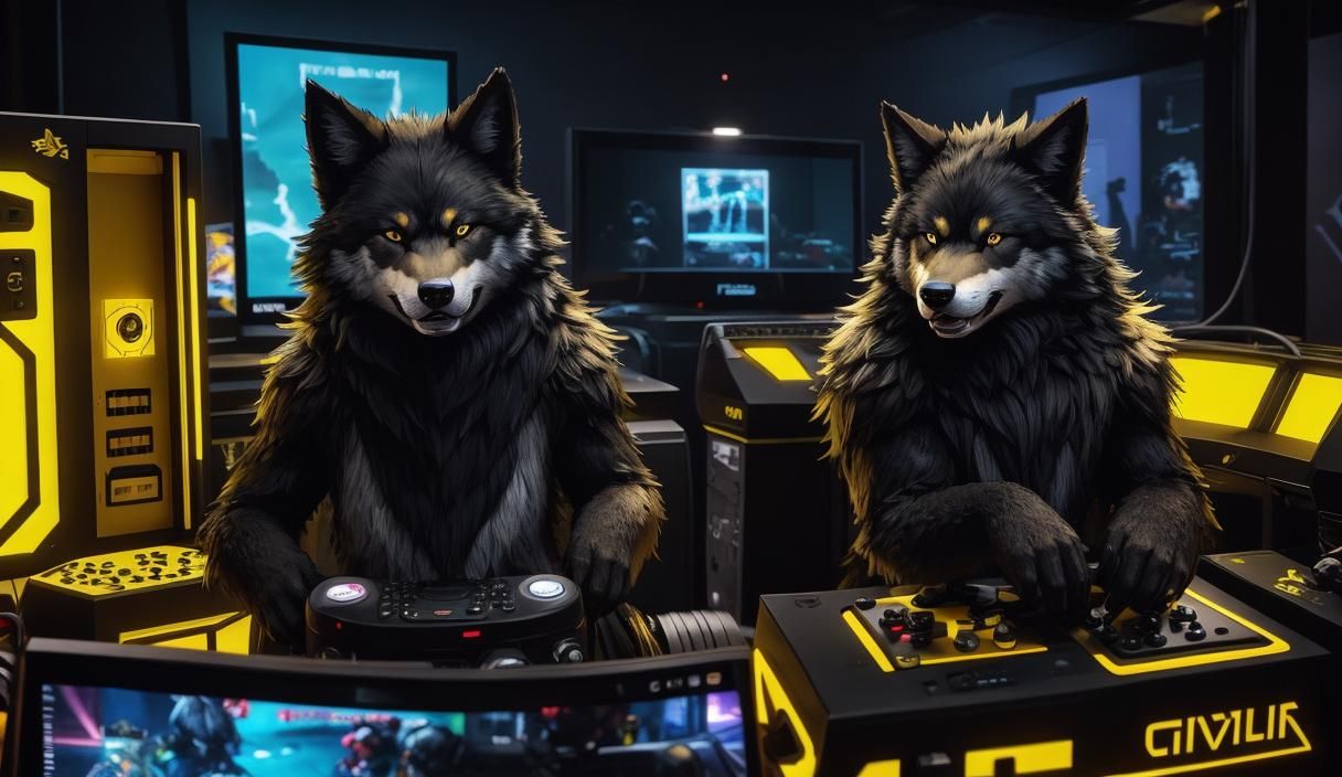 Yellow and black furry wolf playing video games in a gaming room - AI  Generated Artwork - NightCafe Creator