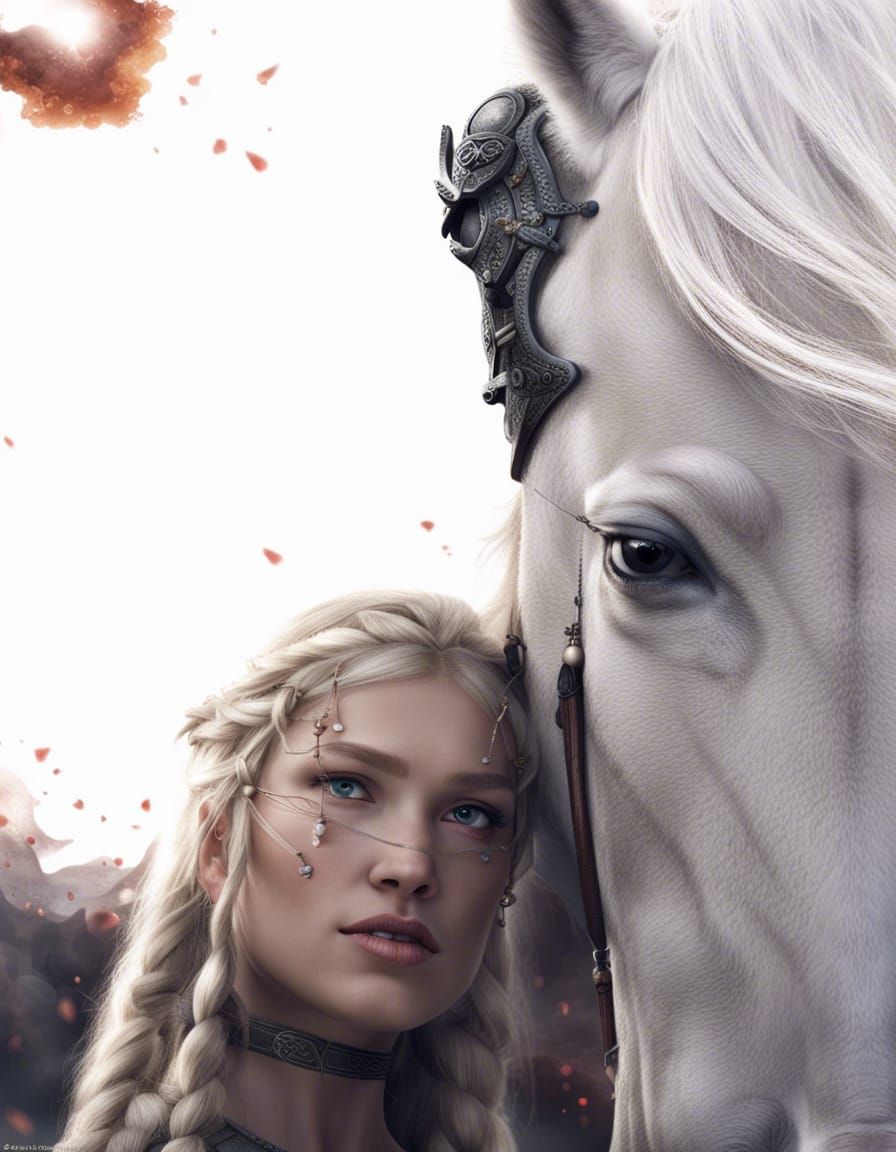 A viking woman with blonde braided long hair, war queen, and...