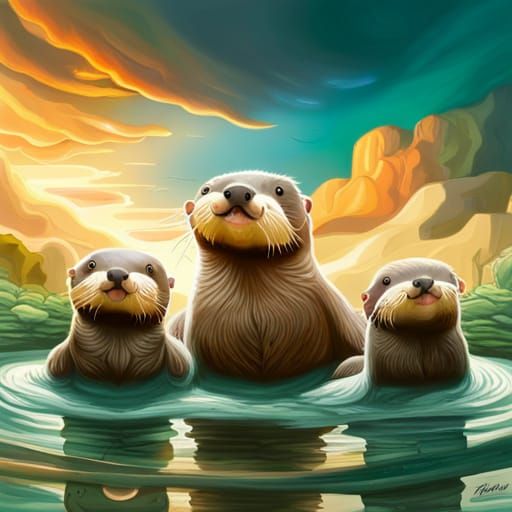 Lagoon Otter families cute adorable, Storybook realism fantastical rich ...