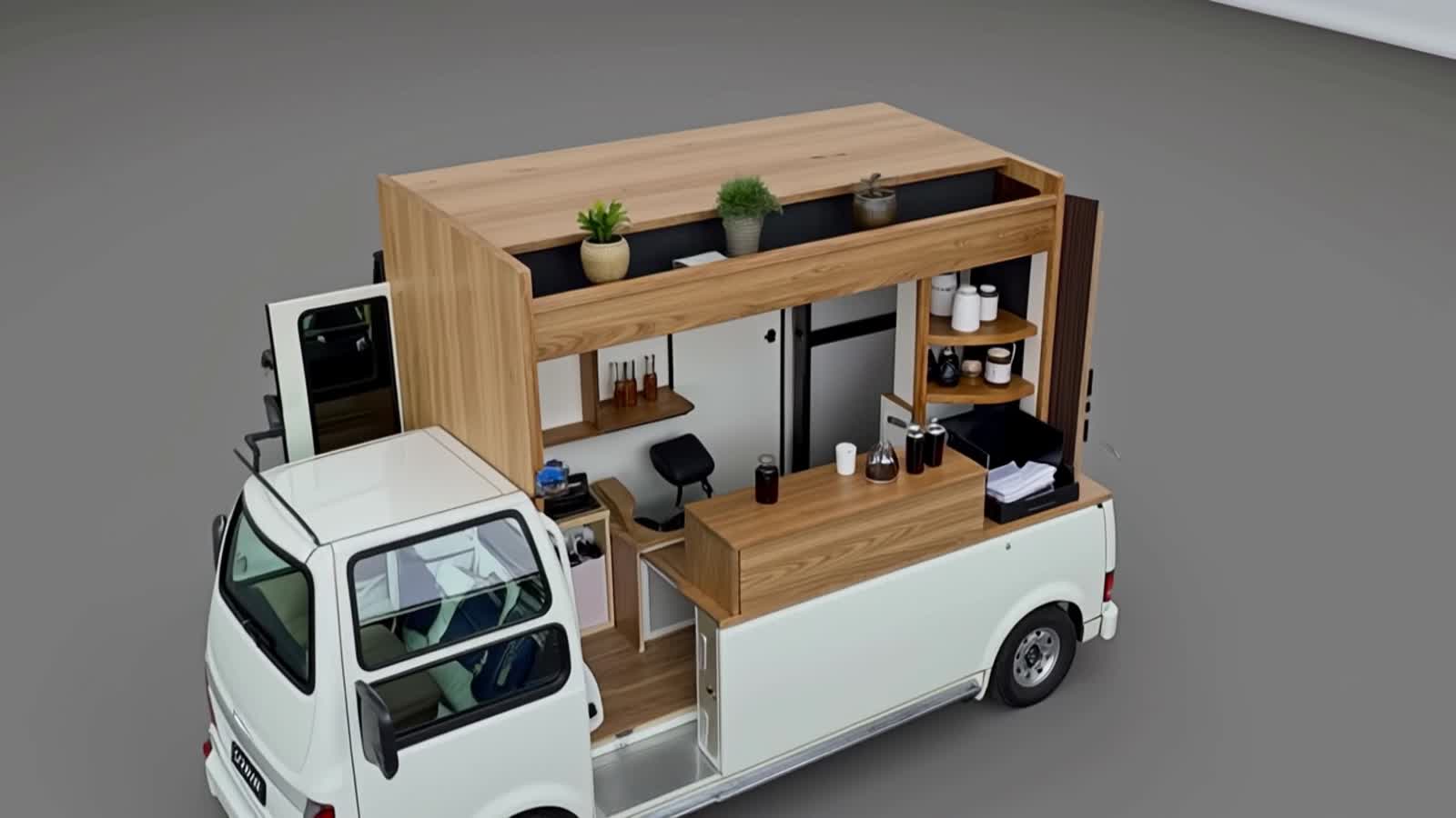 Minimalistic Interior of a Maruti Suzuki Eeco van transformed into a mobile coffee cart. Features include a wooden count...