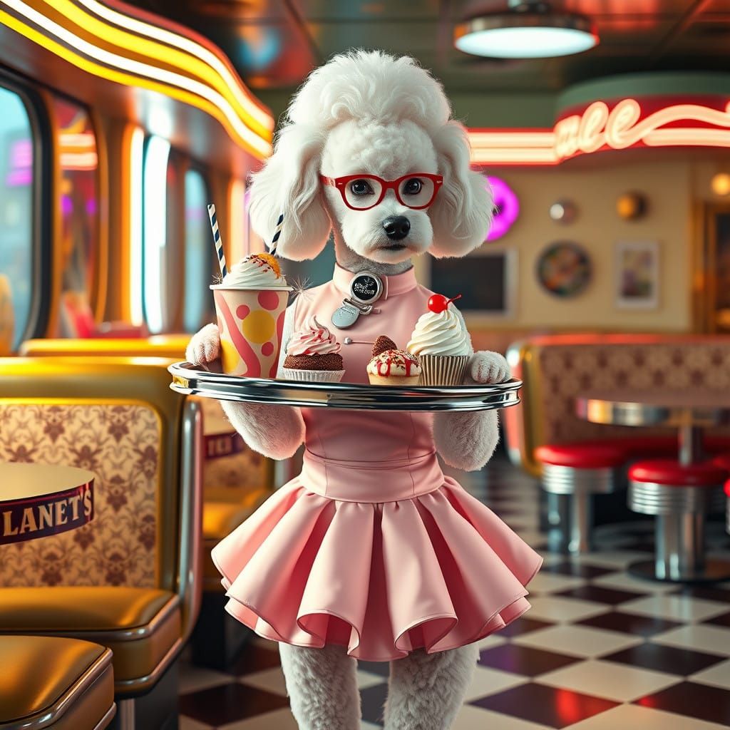 A white Poodle waitress, attired in a fitted, pastel pink 1950's-style diner dress, complete with a white ...  by @Forsakenly Departed