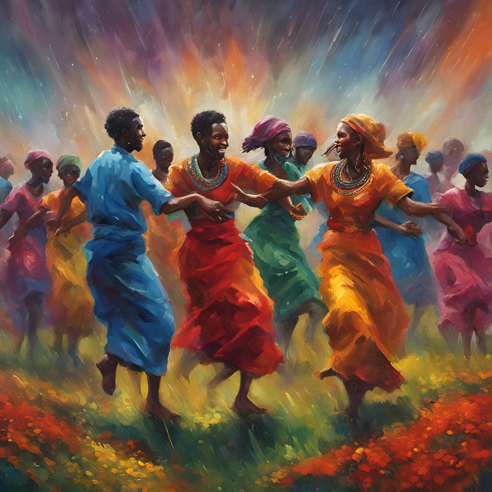 oil painting Ethiopian men and women dancing in a colorful field in the