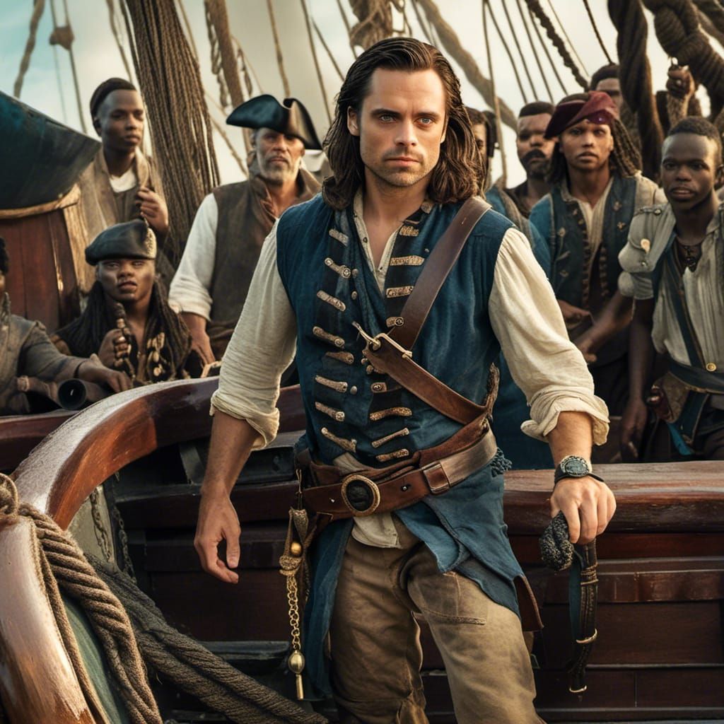""Sebastian Stan as a pirate with bandana on forehead, on a ...