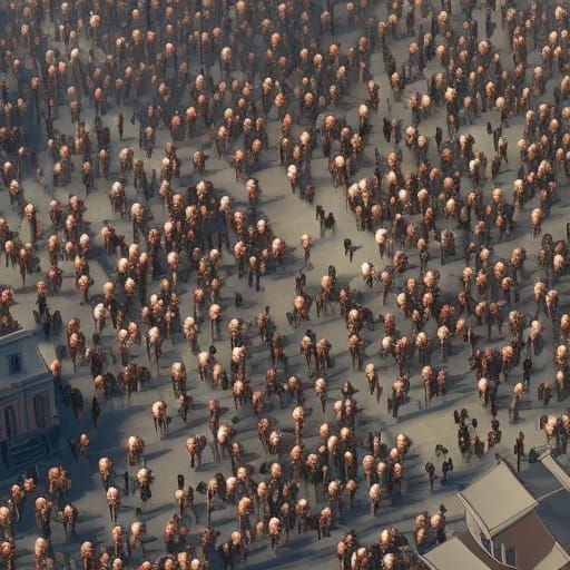 bird's eye view of the square filled with people; 8k resolut...