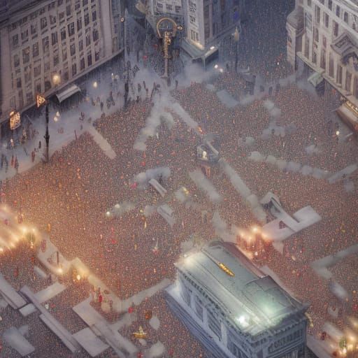 bird's eye view of the square filled with people; 8k resolut...