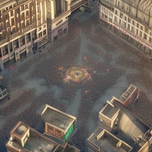 bird's eye view of the square filled with people; 8k resolut...