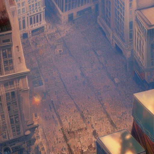bird's eye view of the square filled with people; 8k resolut...