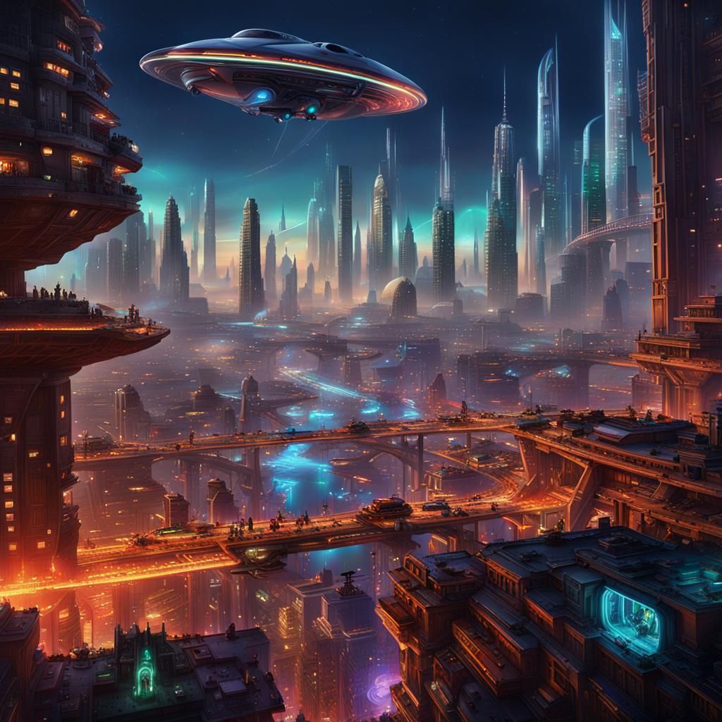 a bustling futuristic city where towering skyscrapers are co...