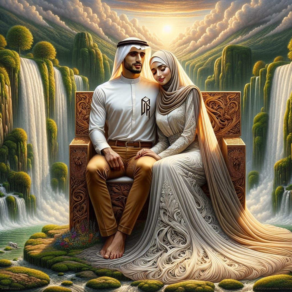 A realistic painting, awash in rich detail, depicting a Muslim couple radiating love and serenity. They wear matching outfits: the husband i...