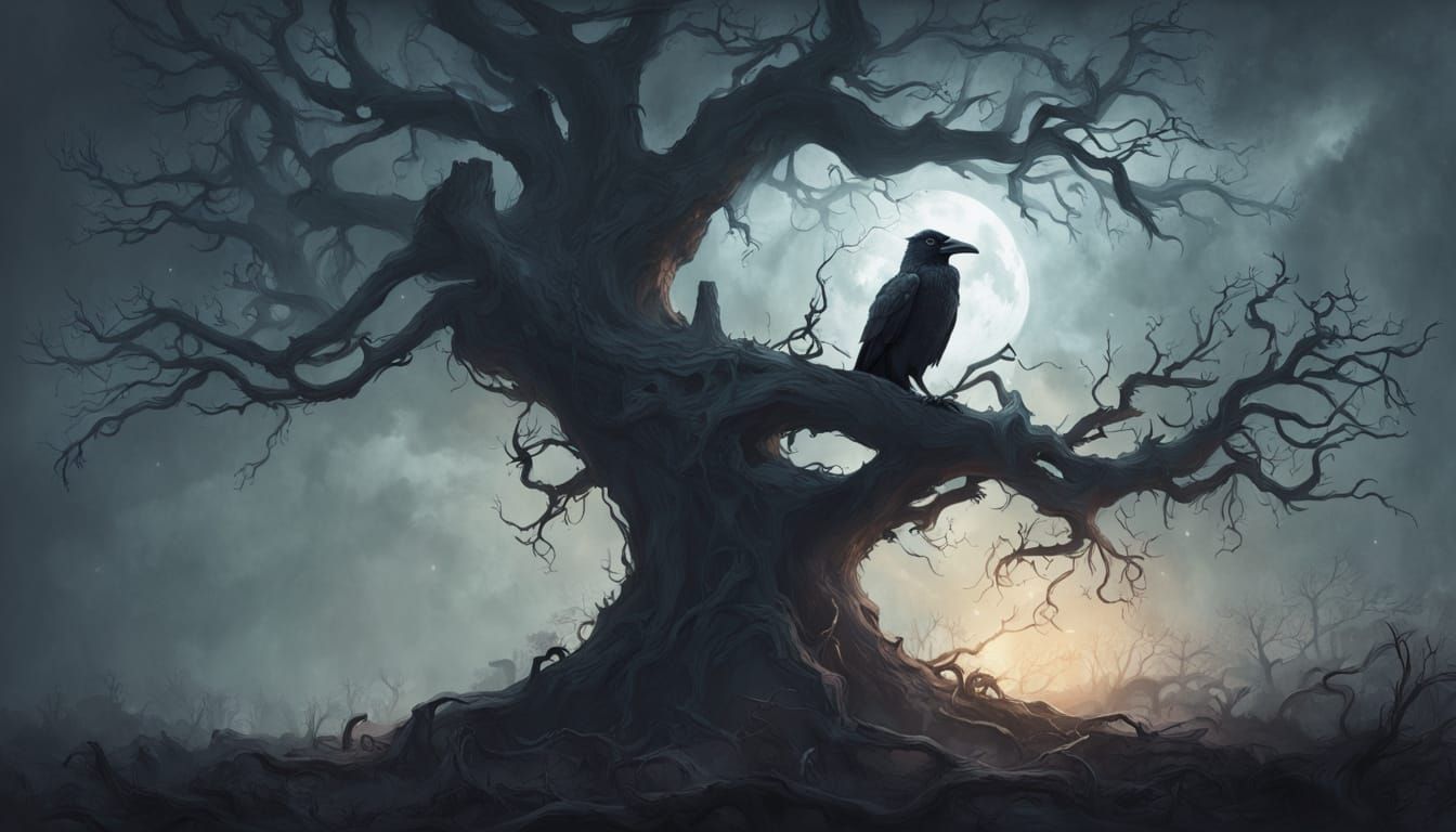A lone raven perched atop a gnarled, ancient oak in Blackwood forest.