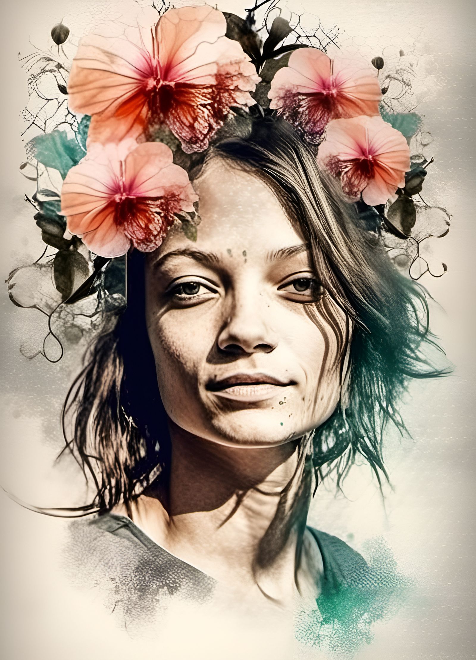 Fantasy Garden Head in Double Exposure Watercolor