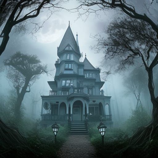 Looming towering haunted ornate Victorian mansion,poison, moonlit path, dripping vines, fairly lights, magical, twisted ...