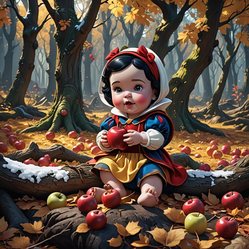 Cartoon Baby snow white is eating apple in the forest during...