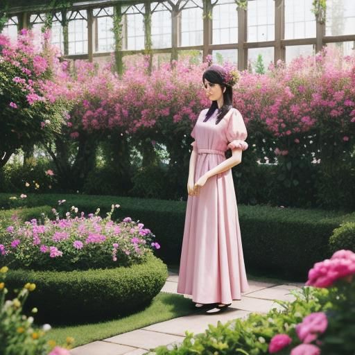 A woman in a pink silk dress in a garden