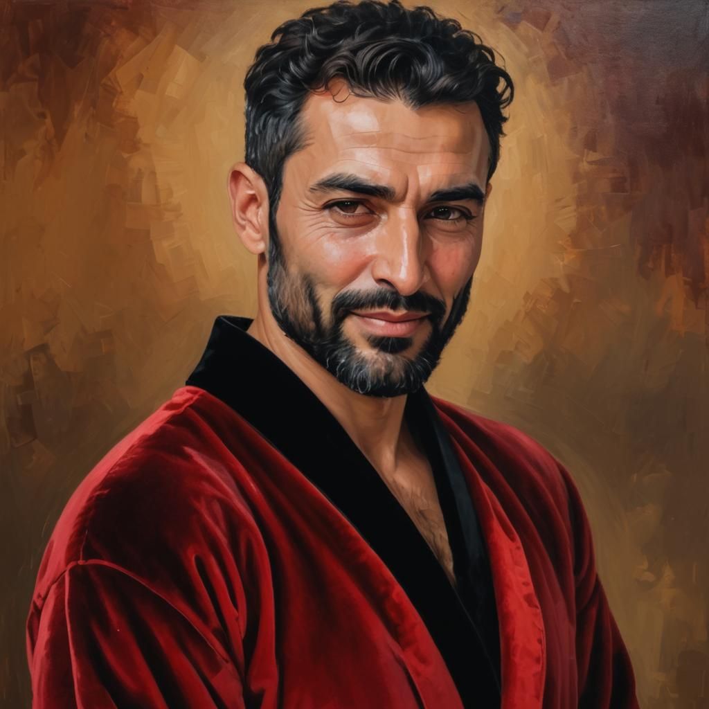 A handsome man with black hair and beard