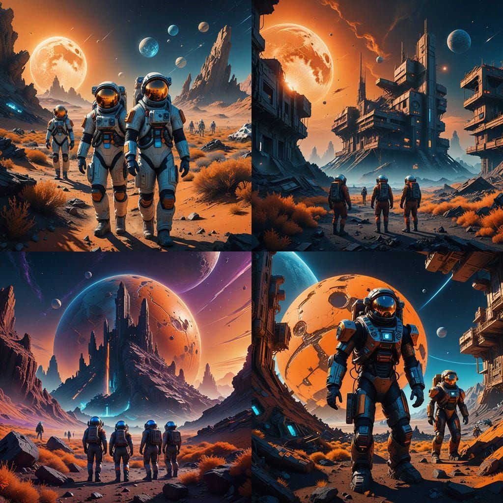 Astronauts in a distant future abandoned planet detailed matte painting, deep color, fantastical, intricate detail, spla...