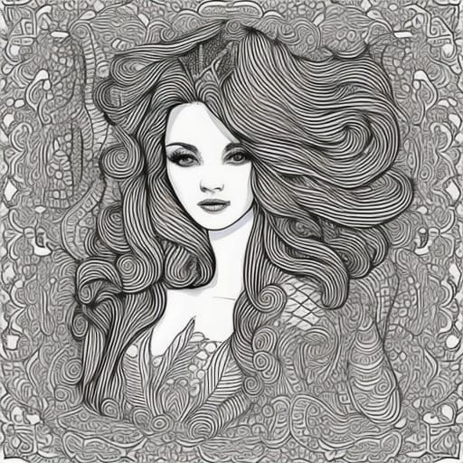 Intricate coloring page of girl with flowing hair - AI Generated ...