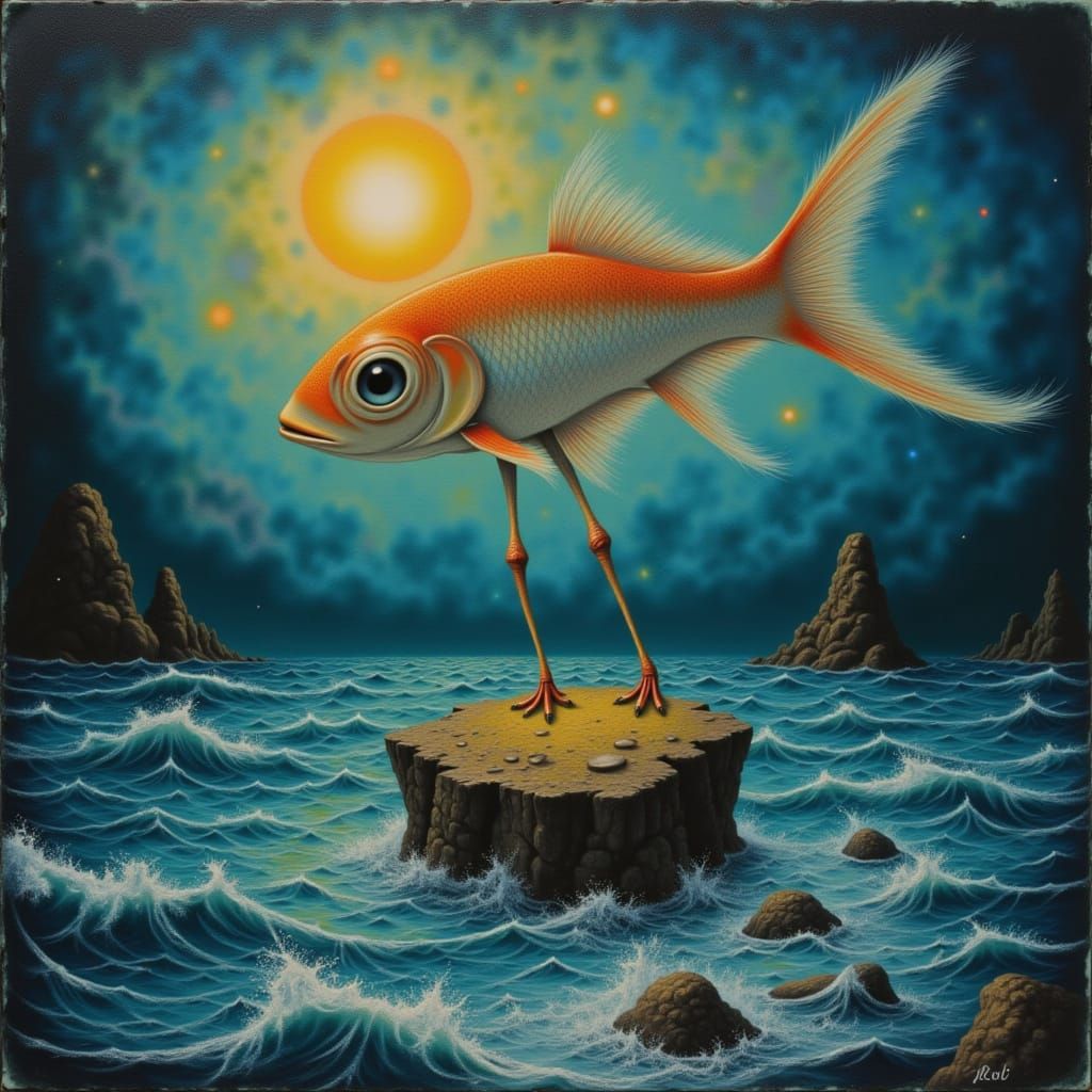 <lora:eyeseesurreal:1.0> A fish with delicate bird legs stands on a minuscule rocky island, surrounded by a wild, churning ocean. Surrealist...