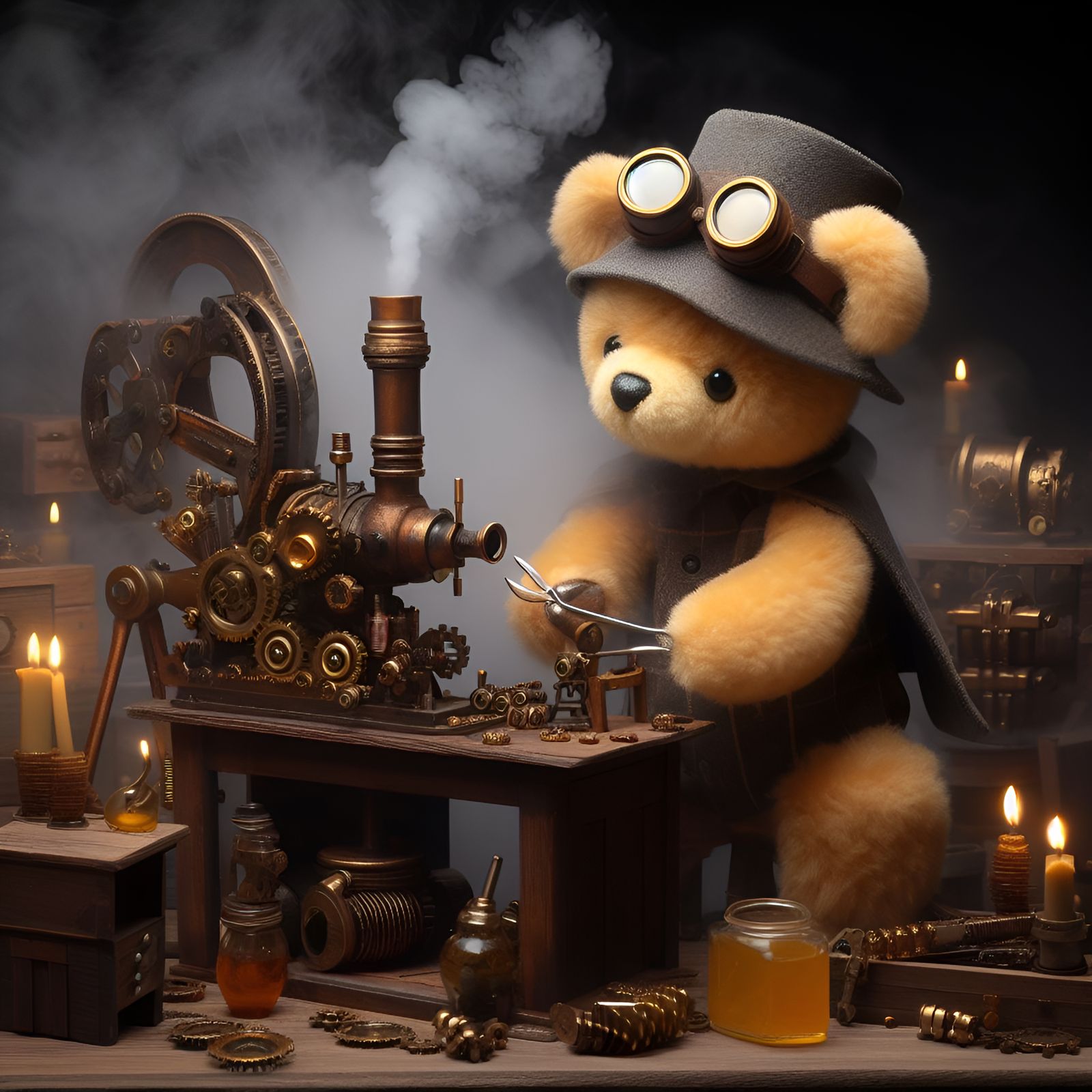 "a steamplush bear boffin tries to work with honey-clogged m...