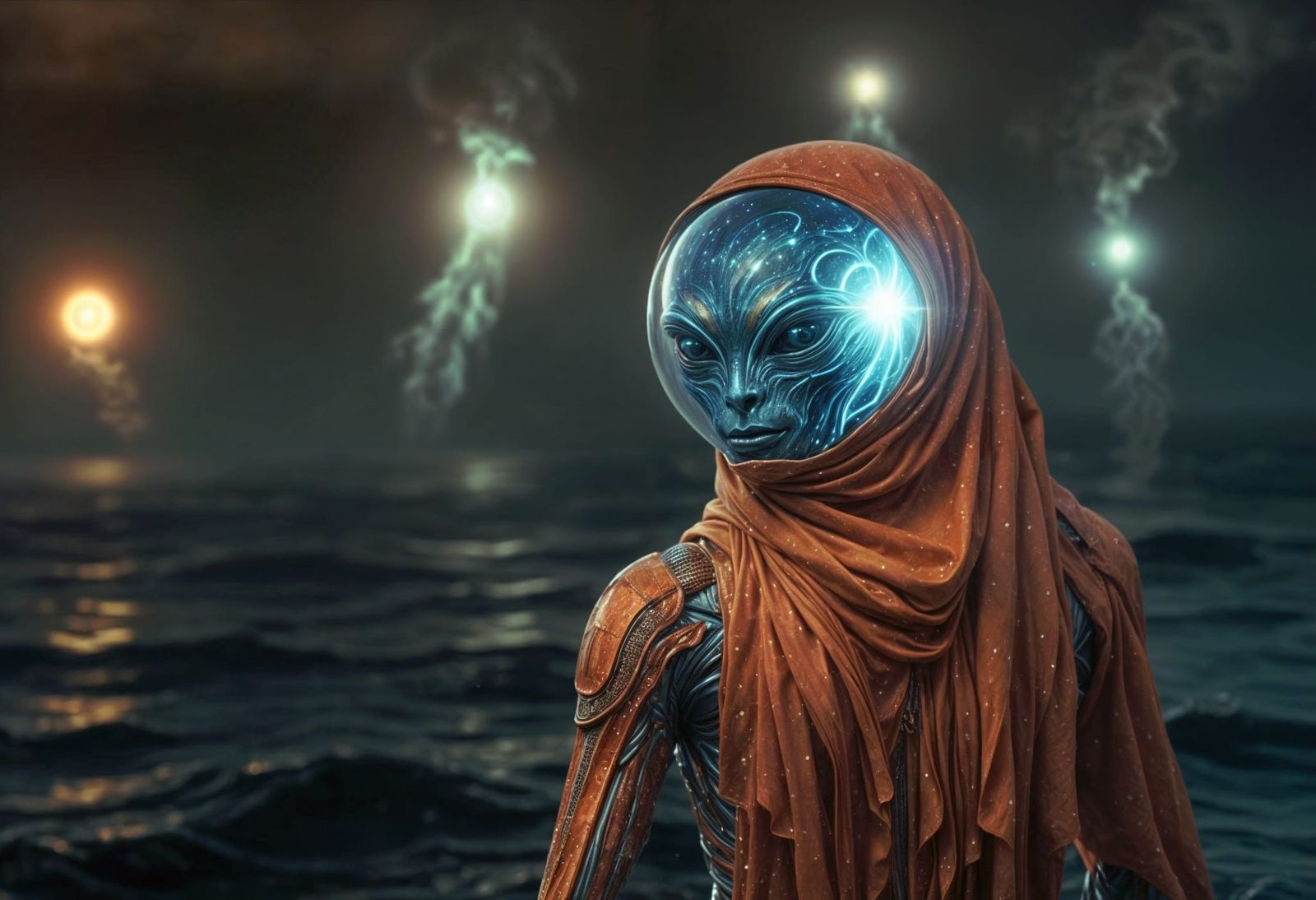 The image depicts a humanoid alien with orange skin, blue ey...