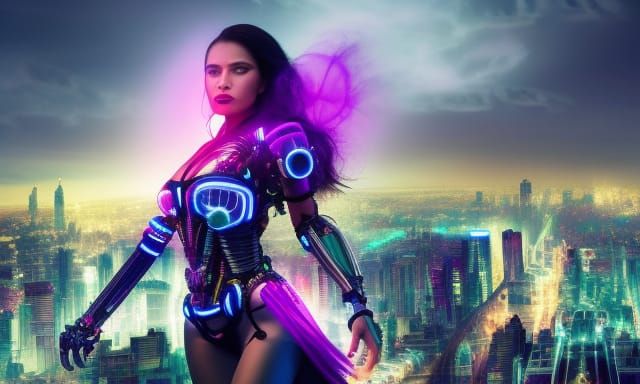 Electric Cyborg Goddess Over Dystopian City