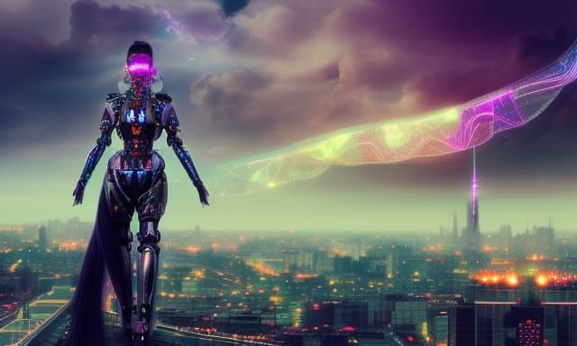 Cyborg Goddess Queen Overlooking Dystopian City