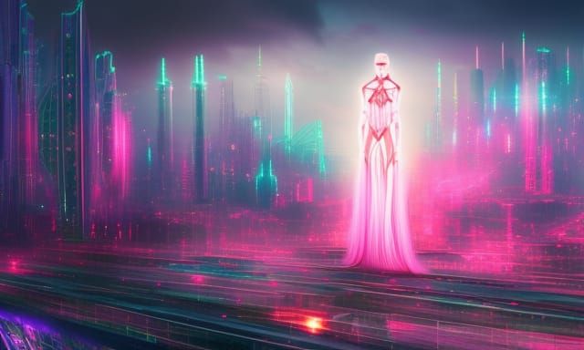 Epic Cyberpunk Goddess Reigns Over Dystopian Metropolis