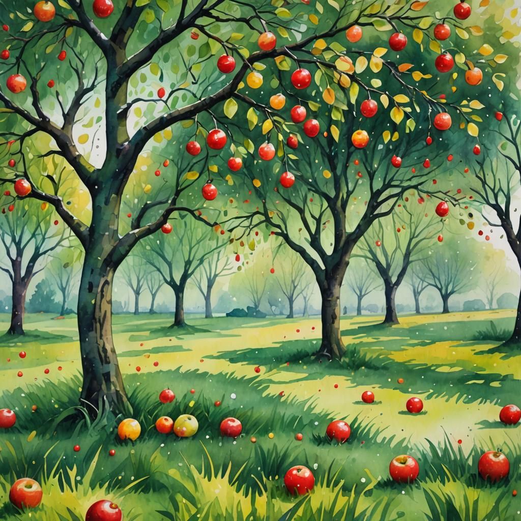 Whimsical Watercolor of Apple Trees on Green Grass
