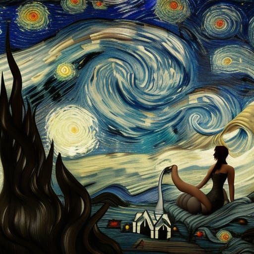 Mermaid Stargazing in a Starry Night Sky